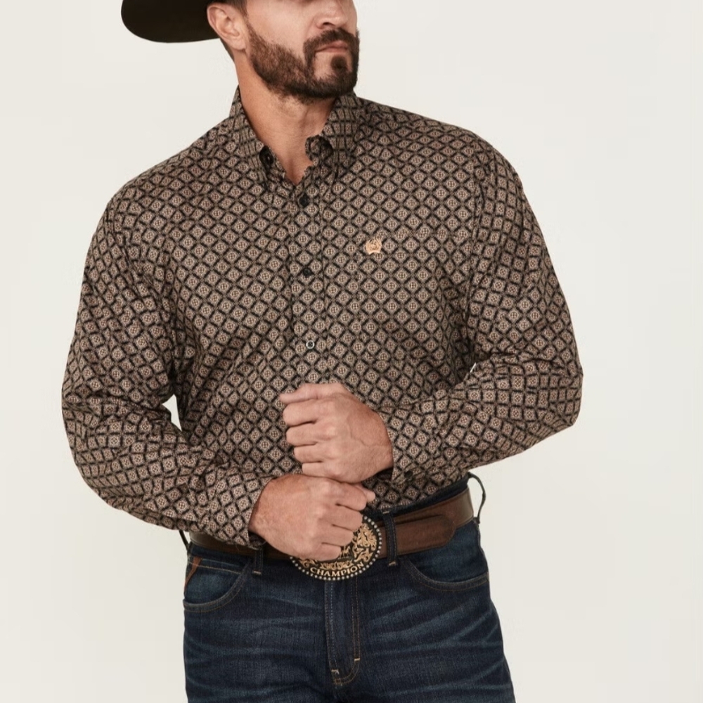 Cinch Men's Brown Geometric Button-Down Casual Western Shirt